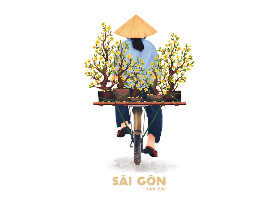 Illustration of a Saigon flower vendor cycling with spring blossoms